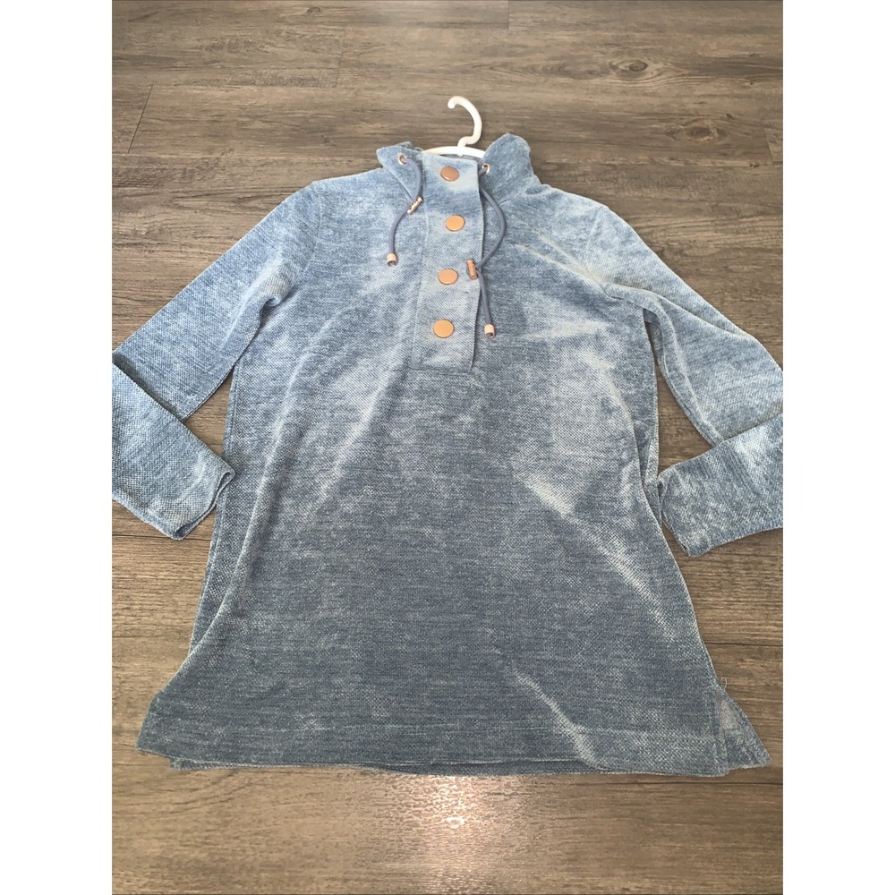 Soft Surroundings Blue Knit Pullover Sweater Cowl Neck Button Drawstring S
